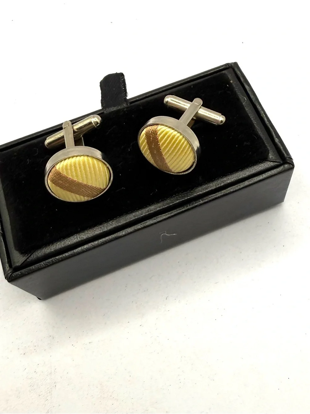 Men's Yellow and Brown Silk Stripe Round Cufflinks